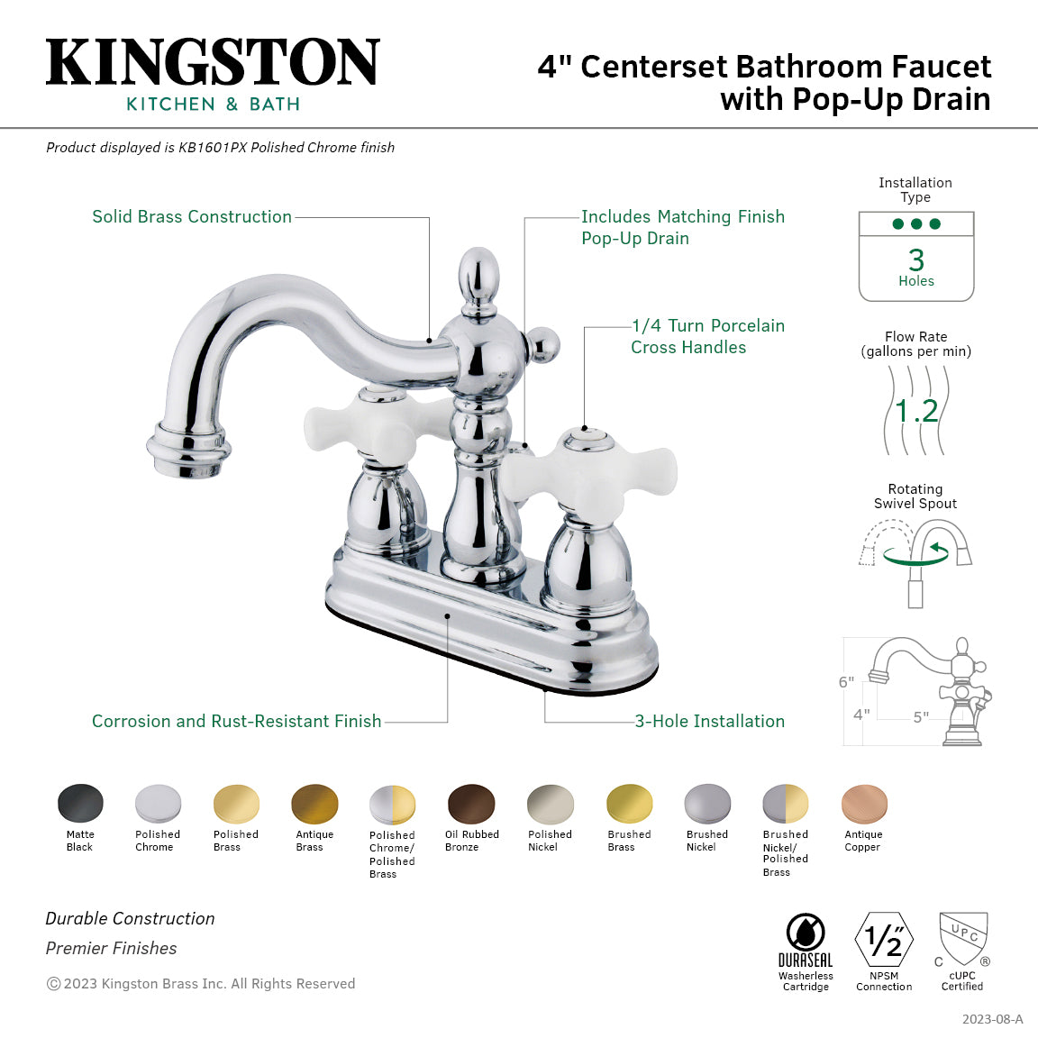 Kingston Heirloom KB1601PX - Heritage Double-Handle 3-Hole Deck Mount 4-Inch Centerset Bathroom Faucet with Pop-Up Drain, Polished Chrome — thumbnail 2